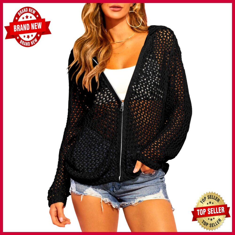 Crochet Zip Up Hooded Cardigan Mesh Cover Up Long Sleeve Lightweight